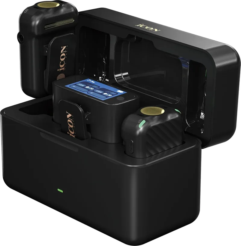 iCON ▫️ Pro Audio AirMic Pro (2 TX + 1 RX + estojo de carregamento), microfone de lapela sem fios, alcance de 250 m, 24 horas de autonomia da bateria, cancelamento de ruído, para PC, iPhone, Android, entrevistas, vlogs, etc.