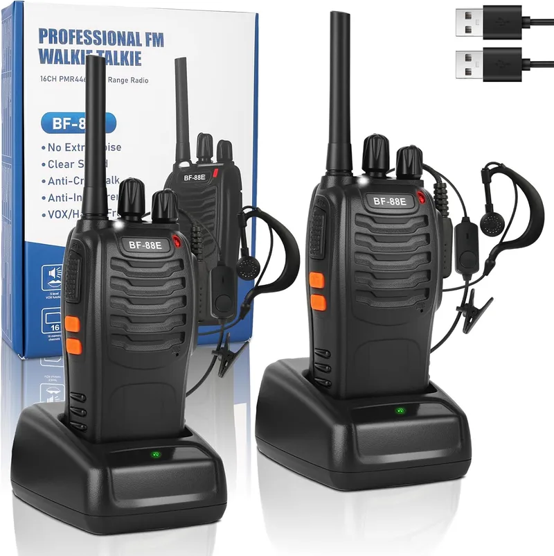 JUAUO ▫️ Walkie-talkies profissionais, recarregáveis por USB, 1500 mAh, 16 canais CTCSS DCS, PMR 446, com auricular incorporado, lanterna LED e VOX – 1 par, preto, BF-88E