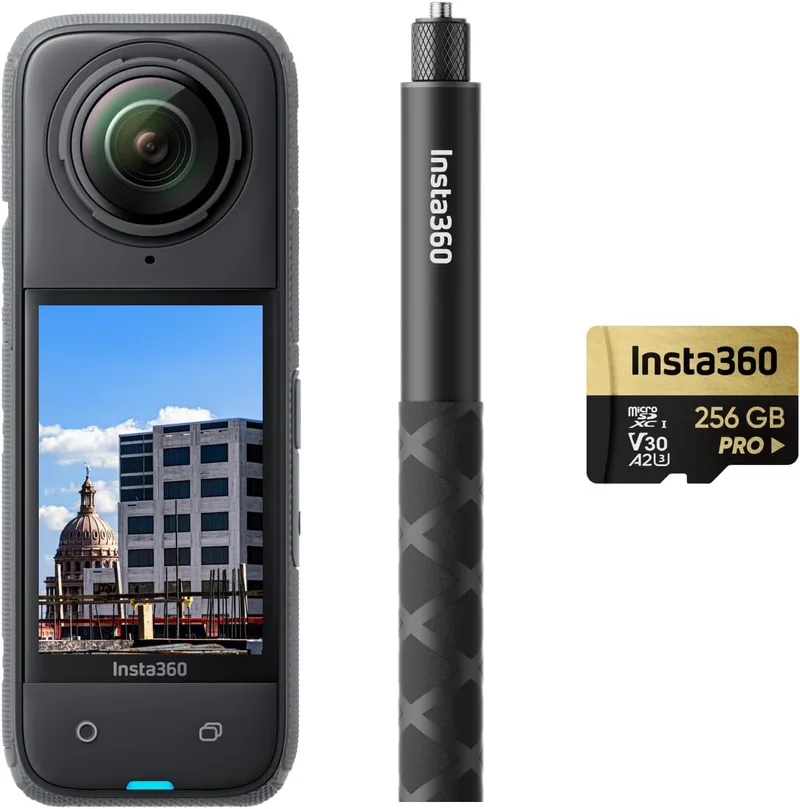 Insta360 ▫️ X4 Pacote de construção com bastão para selfies - Câmara de 360°, vídeo HDR de 360° em 8K a 30 fps, fotos de 72 MP, timelapses em 11K, compatível com DroneDeploy e OpenSpace