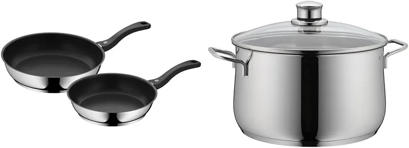 WMF ▫️ Devil - Conjunto de 2 frigideiras antiaderentes 24-28 cm, frigideira em aço inoxidável & Diadem Plus - Panela inferior 6,5 L Ø24 cm, cromargan em aço inoxidável, com tampa de vidro