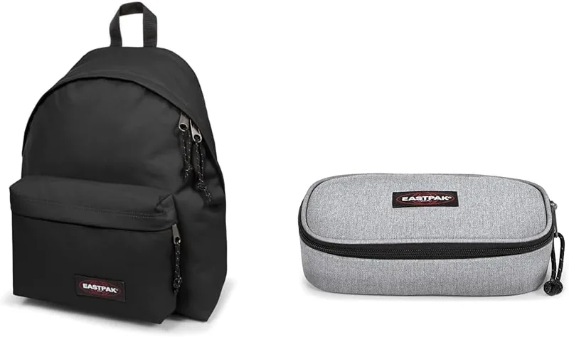 EASTPAK ▫️ Mochila PADDED PAK'R, 27 L, Preto (Black) e Estojo OVAL XL SINGLE, 27 L, Sunday Grey (Cinza)