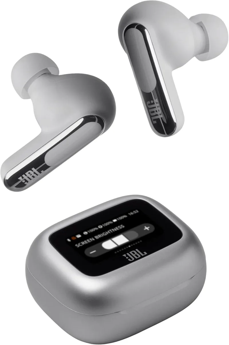 JBL ▫️ Auscultadores intra-auriculares sem fios Live Beam 3 com almofadas para os ouvidos, True Wireless com cancelamento de ruído adaptável, autonomia de reprodução até 48 horas, Bluetooth, áudio de alta resolução, prateado