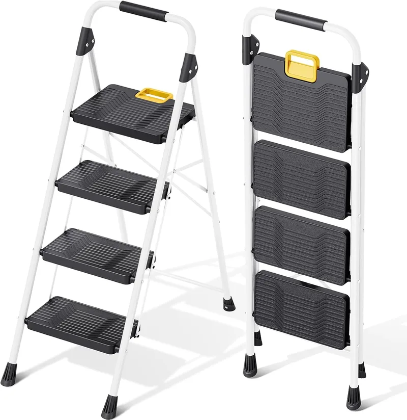 KINGRACK ▫️ Escada dobrável de 3 degraus, carga até 150 kg, com fecho de segurança, pedais largos antiderrapantes, corrimão, escada doméstica em aço leve, armários de cozinha, branco