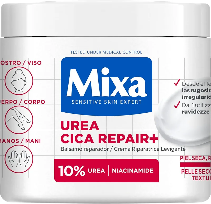 Mixa ▫️ Urea Cica Repair+ Creme corporal para peles muito secas com 10% [Ureia + Pantenol]. Suaviza, reduz a aspereza e acalma. Indicado para peles sensíveis. 400 ml.