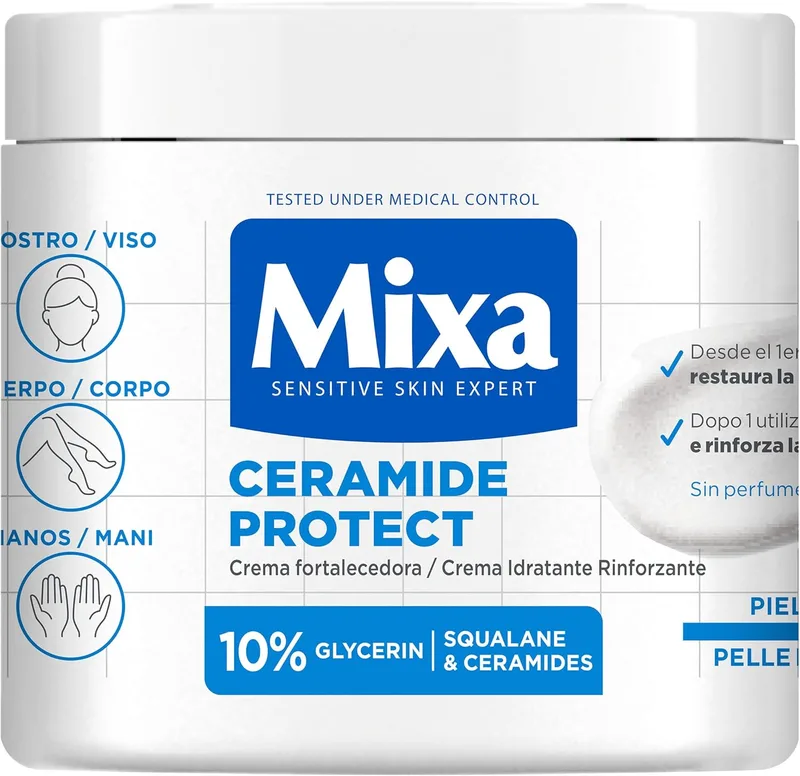 Mixa ▫️ Creme corporal Ceramide Protect para peles muito secas com 10% [Glicerina + Esqualano + Ceramidas]. Hidrata, reforça e protege a barreira cutânea. 400 ml.