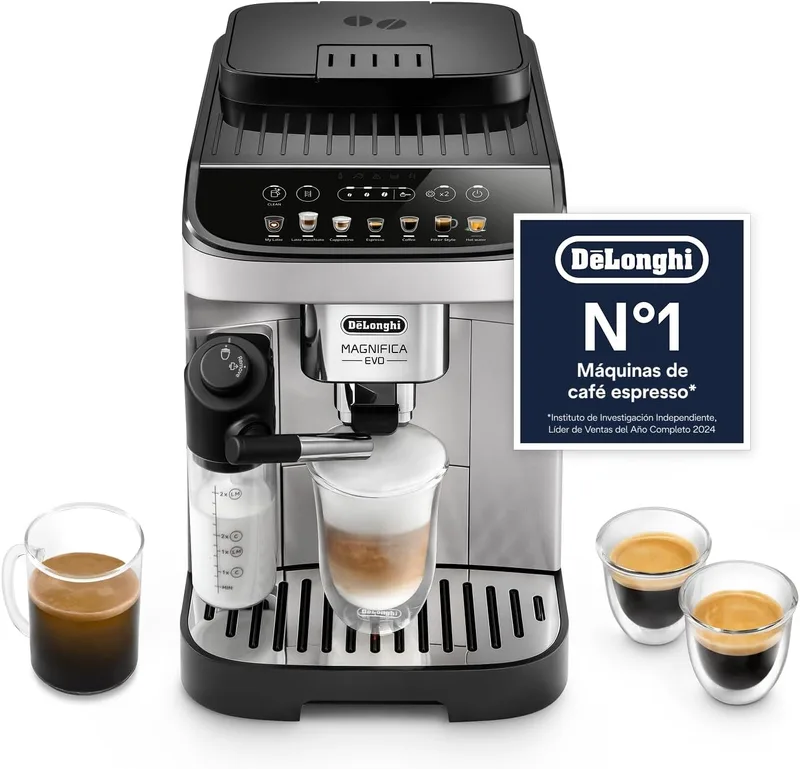 De'Longhi ▫️ Magnifica Evo - Máquina de café superautomática para 7 bebidas, prateada/preta