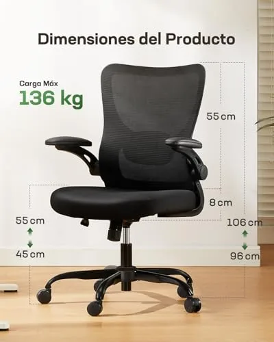 Marsail ▫️ Cadeira de escritório ergonómica : Cadeira de escritório para computador com encosto alto em malha e apoio lombar ajustável; cadeira giratória para trabalho com rodas e braços 3D 3