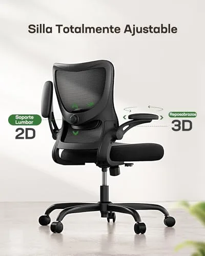 Marsail ▫️ Cadeira de escritório ergonómica : Cadeira de escritório para computador com encosto alto em malha e apoio lombar ajustável; cadeira giratória para trabalho com rodas e braços 3D 4
