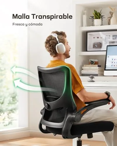 Marsail ▫️ Cadeira de escritório ergonómica : Cadeira de escritório para computador com encosto alto em malha e apoio lombar ajustável; cadeira giratória para trabalho com rodas e braços 3D 5