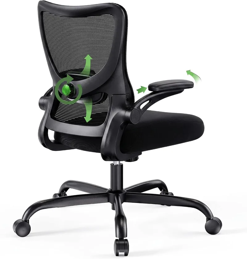 Marsail ▫️ Cadeira de escritório ergonómica : Cadeira de escritório para computador com encosto alto em malha e apoio lombar ajustável; cadeira giratória para trabalho com rodas e braços 3D