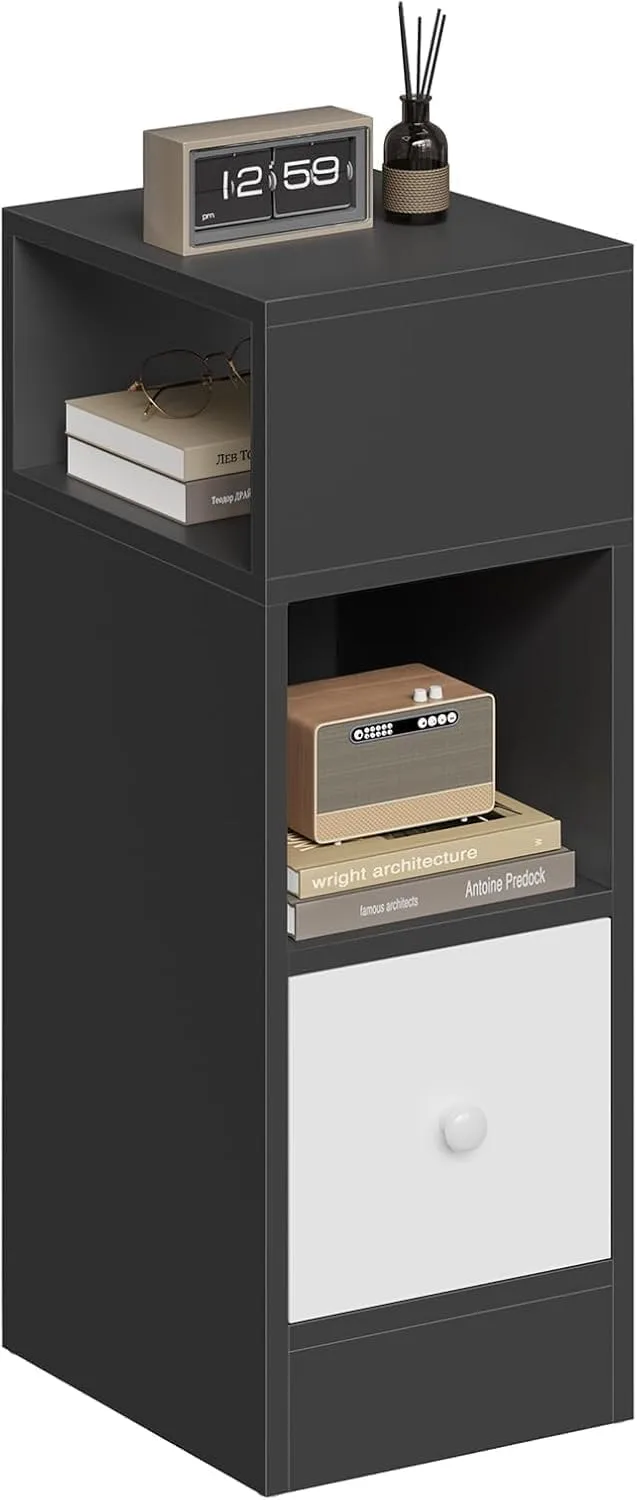 EUGAD ▫️ Mesa de cabeceira estreita cinzenta escura com 2 compartimentos e 1 gaveta, 25 x 30 x 66 cm, Mesa auxiliar para quartos pequenos e salas com espaços reduzidos, moderna em madeira, 0010CTG | 2 prateleiras abertas e 1 gaveta; material: madeira; 25 x 66 x 30 cm; para quarto