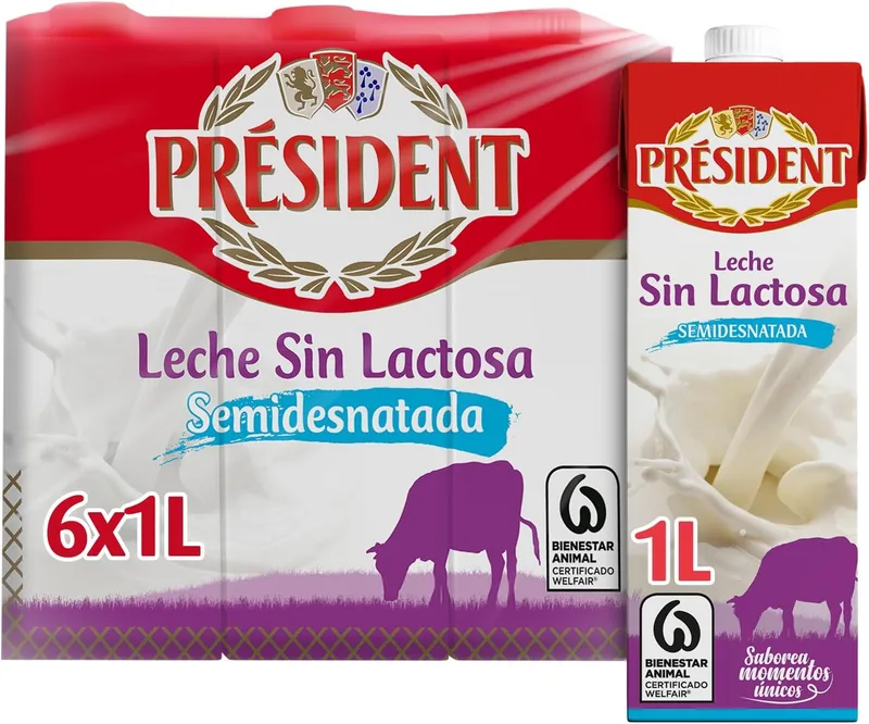 Président ▫️ Leite Meio-Gordo sem Lactose, Leite UHT Natural da Galiza, Fonte de Cálcio, Proteínas e Vitaminas, Bem-Estar Animal, Embalagem 6 x 1 L