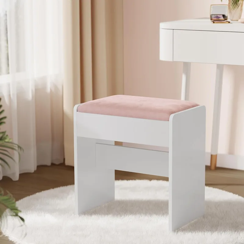 VASAGLE ▫️ Kailyn Collection - Vanity Stool, Make-up Stool, Velvet Upholstery, Footrest with Anti-Slip Pad, Bedroom, Entrance Hall, Matt White and Jelly Pink RDS001W01