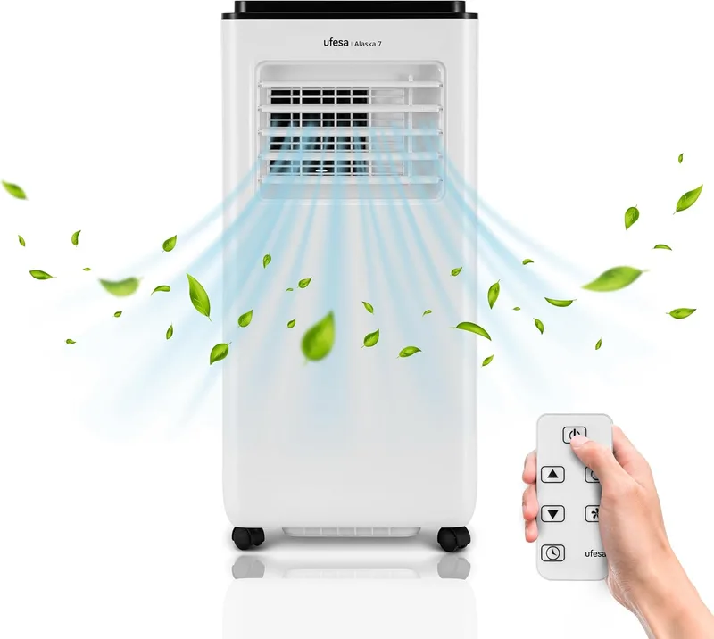 Ufesa ▫️ A7 3in1 Ar Condicionado Portátil, Arrefecimento, Ventilação e Desumidificação, 7000 BTU/dia, Silencioso, Ecrã LED, Temporizador 24h, Até 12m², Gás R290, Controlo Remoto