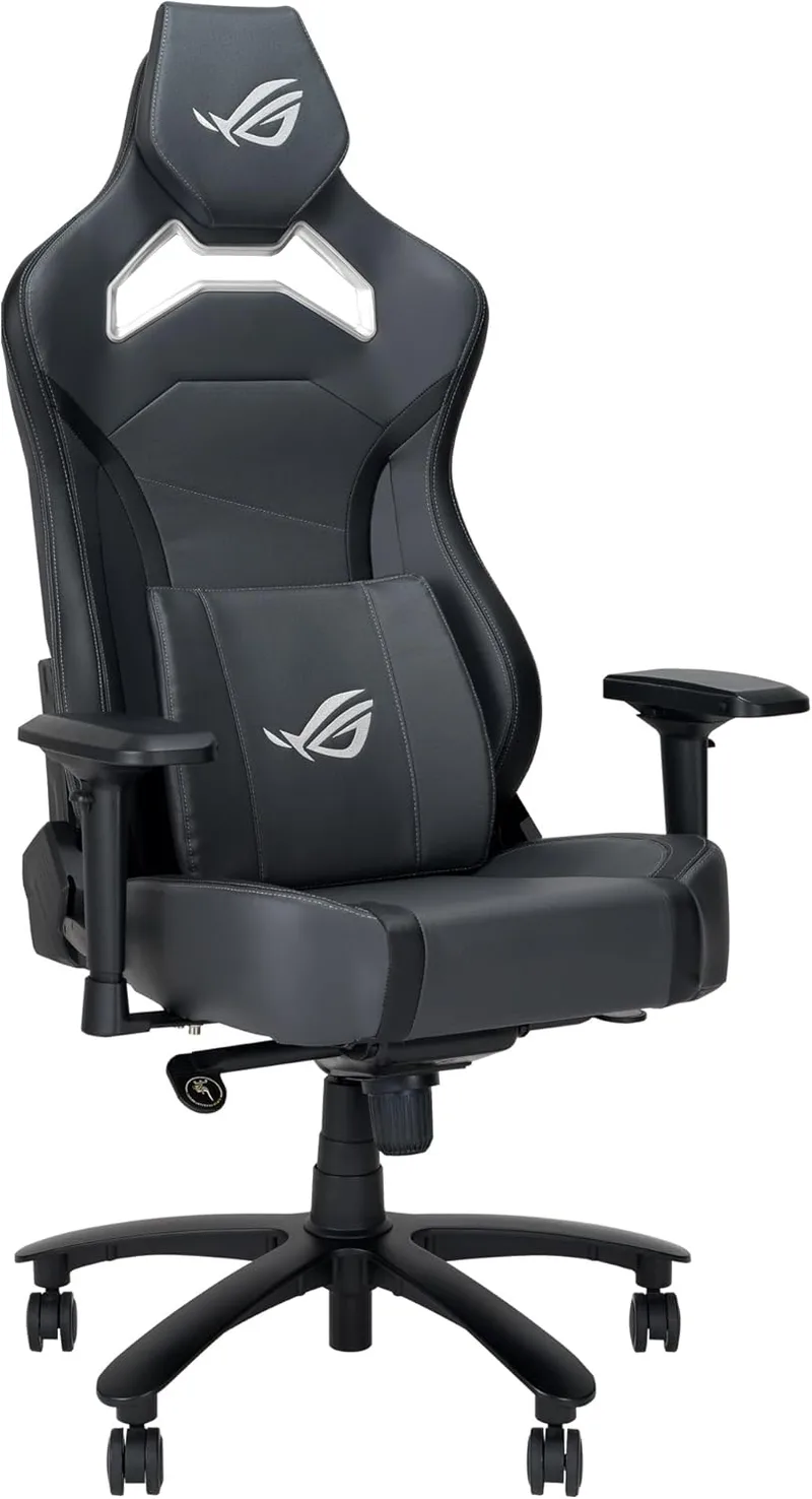 ASUS ▫️ ROG Chariot X Core (Wide), Cadeira para Jogos, Estilo Carro de Corrida, Apoio de Cabeça em Espuma Ajustável, Lombar em Espuma Viscoelástica, Apoios de Braços 4D, Elevação a Gás Classe 4, Couro PU, Cinzento