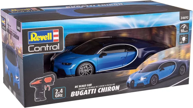 Revell Control ▫️ I Carro em escala RC Bugatti Chiron I Escala 1:24 I Controlo remoto de 2,4 GHz I Iluminação LED frontal I Velocidade 10 km/h I Comprimento 198 mm I A partir dos 8 anos