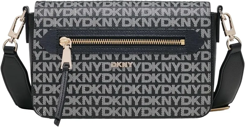 DKNY ▫️ Bryant Ave Mid Flap Crossbody, Preto com logótipo preto, Preto com logótipo preto