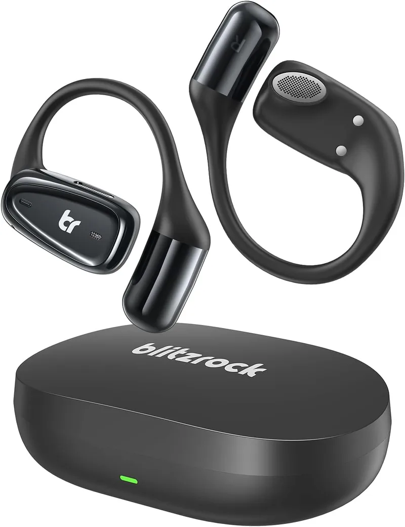 BlitzRock ▫️ Bluetooth 5.4 Sport Open Ear Wireless Headphones, ultra-leves e confortáveis, auriculares ultra-finos de 0,7 mm, clareza nas chamadas, IPX7, reprodução de 28 horas, preto