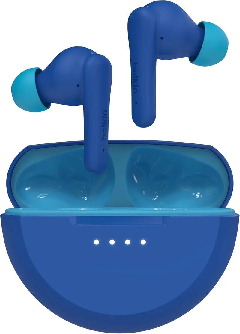 Auricular Bluetooth Belkin SoundForm Nano 2 para crianças com microfone, 28 horas de autonomia total da bateria, limitador de volume de 85 dB, resistência IPX5 à água e ao suor, iPhone, Galaxy e outros, azul