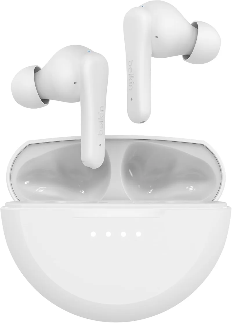 Belkin ▫️ Auscultadores sem fios SoundForm Rhythm True Wireless com microfone, carregamento rápido USB-C, 28 horas de autonomia da bateria, IPX5 resistente à água e ao suor, Bluetooth, iPhone, Galaxy e outros, branco