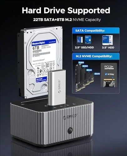 ORICO ▫️ M.2 NVMe e base de ligação para discos rígidos de 2,5/3,5 polegadas com clonagem sem ligação à Internet, 10 Gbps, com caixa com dissipador de calor em alumínio (IT28E-C) 2