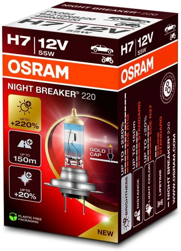OSRAM ▫️ NIGHT BREAKER 220, H7, 220% mais brilhante, lâmpada de halogéneo para faróis, 64210NB220, caixa dobrável (1 lâmpada)