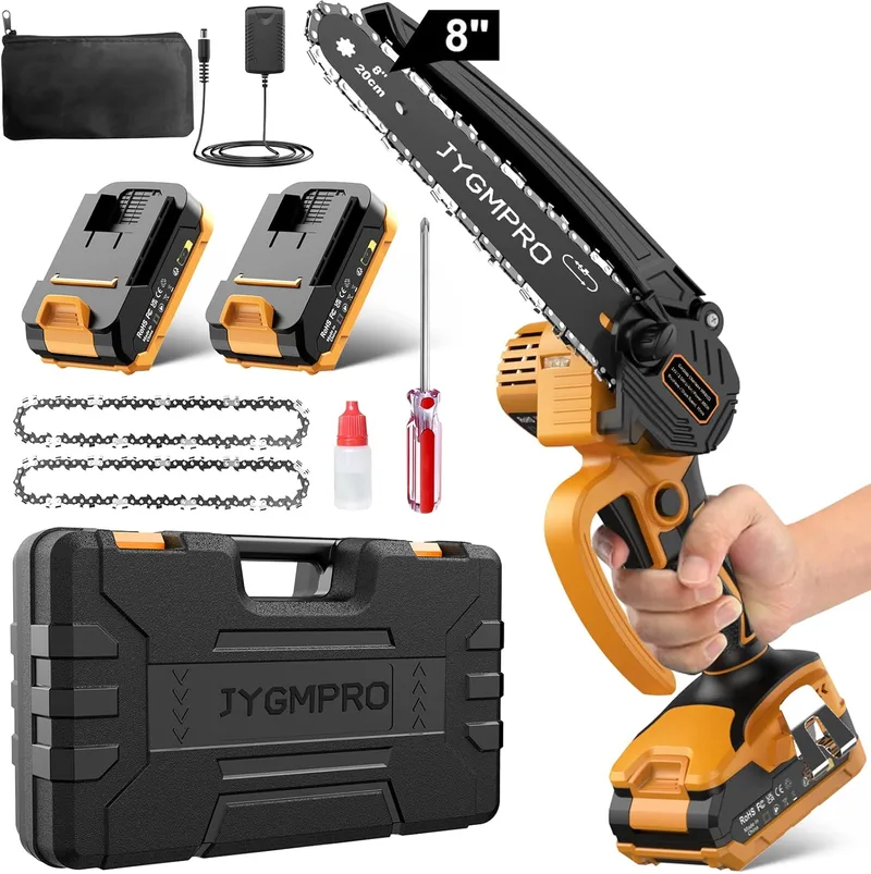 JYGMPRO ▫️ Mini motosserra a bateria de 8 polegadas, motosserra sem fio com motor sem escova e inclui 2 baterias 2.0Ah, 2 correntes, velocidade da corrente de 10m/s, para cortar ramos e madeira no jardim