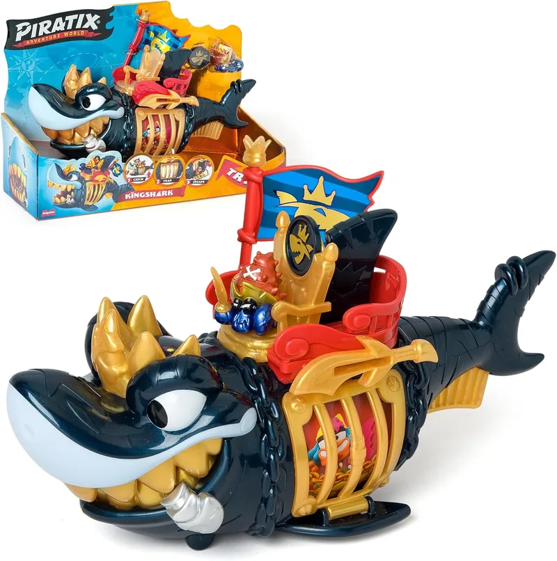PIRATIX ADVENTURE WORLD ▫️ PIRATIX King Shark Golden Teeth – Tubarão articulado, com uma gaiola para capturar os Piratix rivais. Contém 1 tubarão, 1 tesouro exclusivo, 1 Piratix exclusivo e 1 acessório