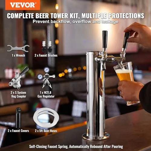 VEVOR ▫️ Kit de conversão para cerveja com duas torneiras, dispensador de cerveja em torre de aço inoxidável com regulador W21.8 de duplo calibre e acoplador de barril, 175 x 115 x 435 mm 2