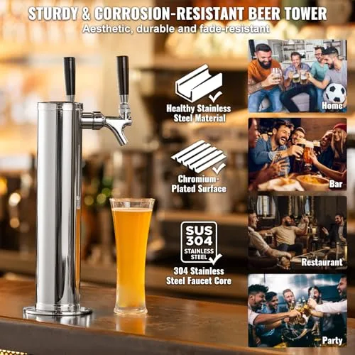 VEVOR ▫️ Kit de conversão para cerveja com duas torneiras, dispensador de cerveja em torre de aço inoxidável com regulador W21.8 de duplo calibre e acoplador de barril, 175 x 115 x 435 mm 5