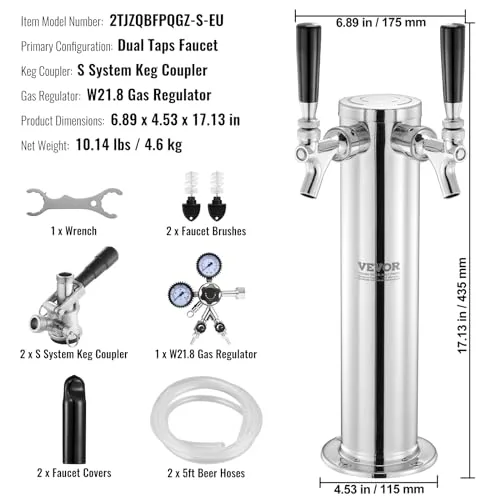 VEVOR ▫️ Kit de conversão para cerveja com duas torneiras, dispensador de cerveja em torre de aço inoxidável com regulador W21.8 de duplo calibre e acoplador de barril, 175 x 115 x 435 mm 7
