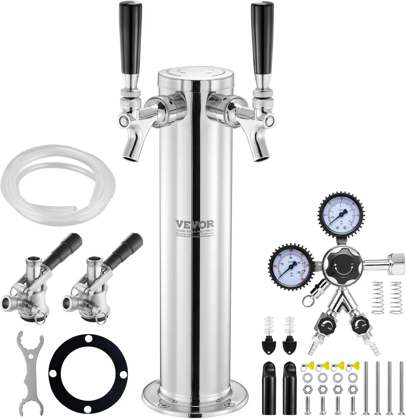 VEVOR ▫️ Kit de conversão para cerveja com duas torneiras, dispensador de cerveja em torre de aço inoxidável com regulador W21.8 de duplo calibre e acoplador de barril, 175 x 115 x 435 mm