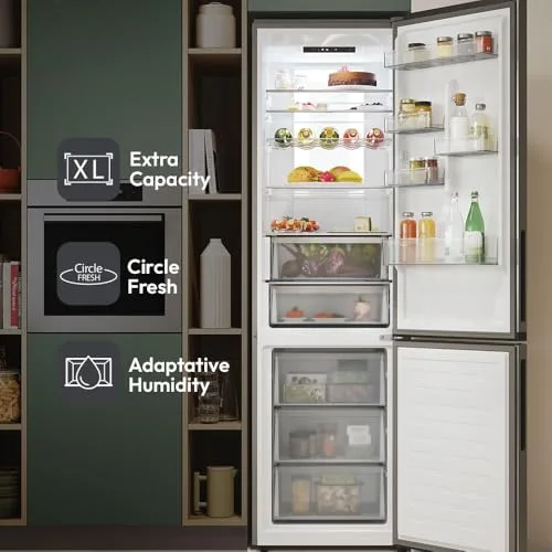 CANDY ▫️ Fresco 300 CNCQ2T620EX Frigorífico Combi, Capacidade 409 L, Sistema Total No Frost Circle+, Gaveta para legumes, Controlo eletrónico da temperatura, 60 cm x 2 m, Iluminação LED, Porta reversível, 38 dB, Aço inoxidável 3