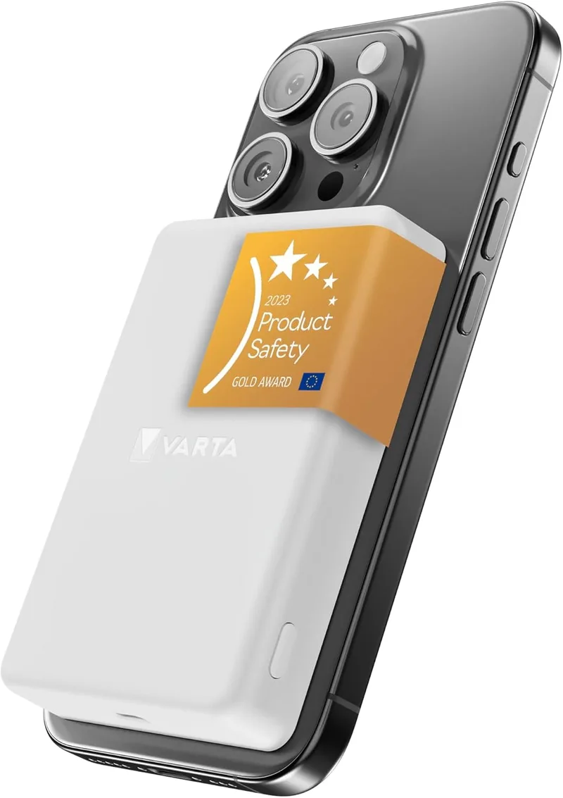 Varta ▫️ Bateria Externa de 5 000 mAh, Power Bank magnético sem fios, mag Pro, sem fios, 7,5 W, carregador com USB Tipo C, compatível com MagSafe e com o padrão Qi (iPhones e Android), Branco