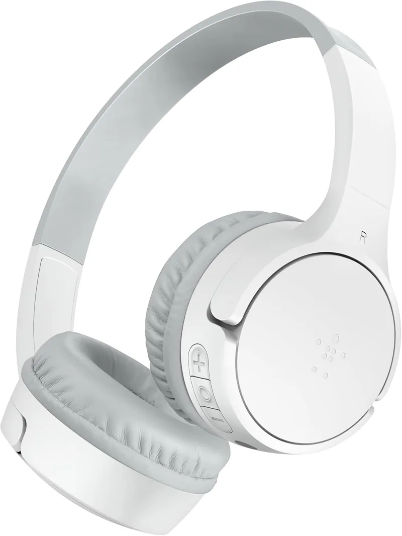 Belkin ▫️ Auscultadores sem fios SoundForm Mini para crianças com microfone, modelo «on-ear», 30 horas de autonomia e autocolantes, auscultadores supra-auriculares para aulas online e viagens, compatíveis com iPhone, iPad ou Galaxy, branco