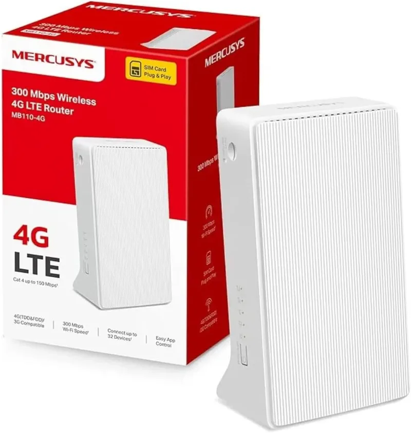 MERCUSYS ▫️ MB110-4G, Router SIM 4G, LTE CAT4, Wi-Fi 300Mbps, compatível com todas as operadoras, FDD e TDD, Plug&Play, liga até 32 dispositivos