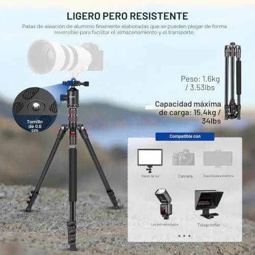 NEEWER ▫️ Tripé para câmara de 77 polegadas com suporte para telemóvel, tripé de viagem portátil com comando à distância, cabeça esférica de 360°, coluna central de 2 eixos, placa QR Arca e bolsa, tripé para DSLR 2