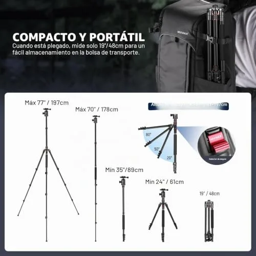 NEEWER ▫️ Tripé para câmara de 77 polegadas com suporte para telemóvel, tripé de viagem portátil com comando à distância, cabeça esférica de 360°, coluna central de 2 eixos, placa QR Arca e bolsa, tripé para DSLR 7