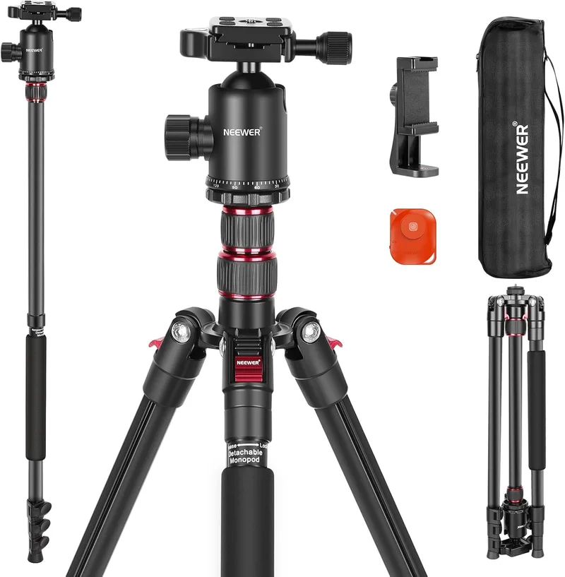 NEEWER ▫️ Tripé para câmara de 77 polegadas com suporte para telemóvel, tripé de viagem portátil com comando à distância, cabeça esférica de 360°, coluna central de 2 eixos, placa QR Arca e bolsa, tripé para DSLR