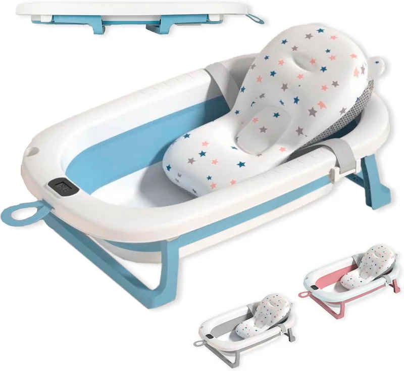 JUPPLIES ▫️ Banheira dobrável para bebés com almofada ergonómica, termómetro digital e pés antiderrapantes | Portátil, compacta e segura para recém-nascidos (azul SEM estrutura metálica)