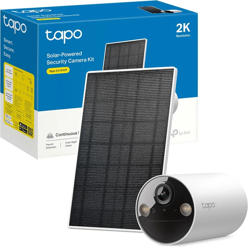 Tapo ▫️ Kit C410 - Câmara de vigilância Wi-Fi para exterior, painel solar, 2K 3MP, IA | Detecção de movimento e de pessoas. Bateria de 6400 mAh. Visão noturna a cores. Alarme luminoso e sonoro. Compatível com MicroSD. Aplicação