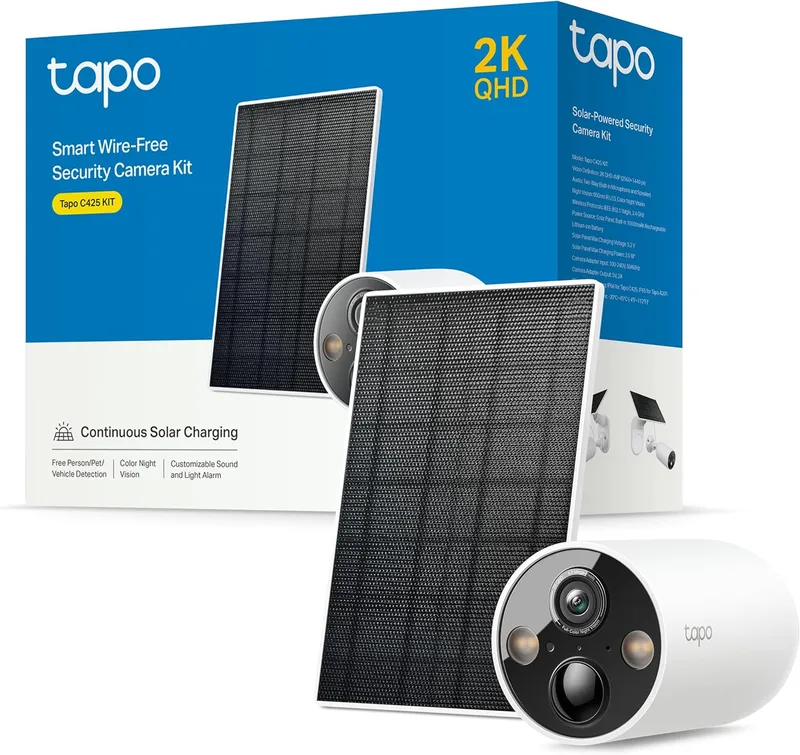 Tapo ▫️ C425 Kit-Câmara de segurança solar, base magnética ajustável, visão nocturna a cores, memória MicroSD, bateria de 10000 mAh, campo de visão super grande angular de 150°, compatível com Alexa