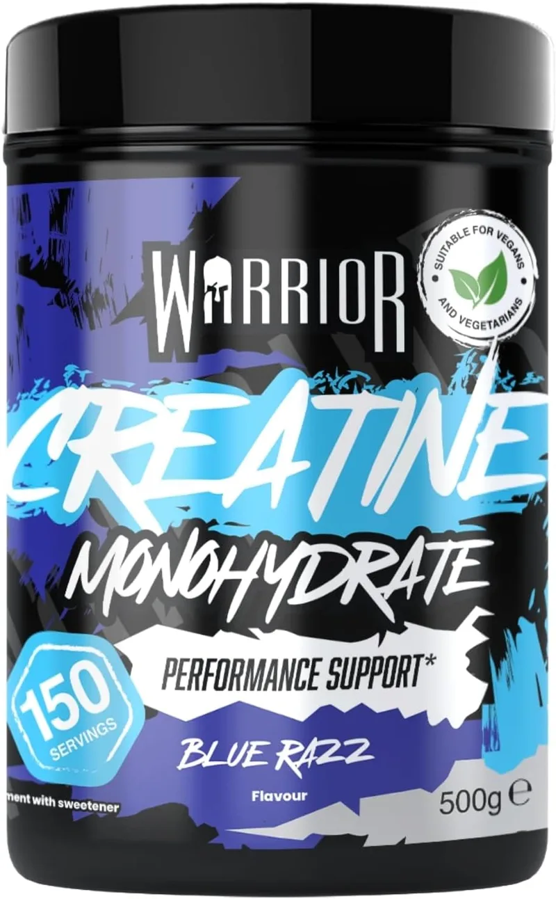 Warrior ▫️ Creatina Monohidratada em Pó 500 g, Vegana – Framboesa Azul | 3 g por porção, 150 porções, micronizada, sabor agradável, testada em laboratório, para força e massa muscular