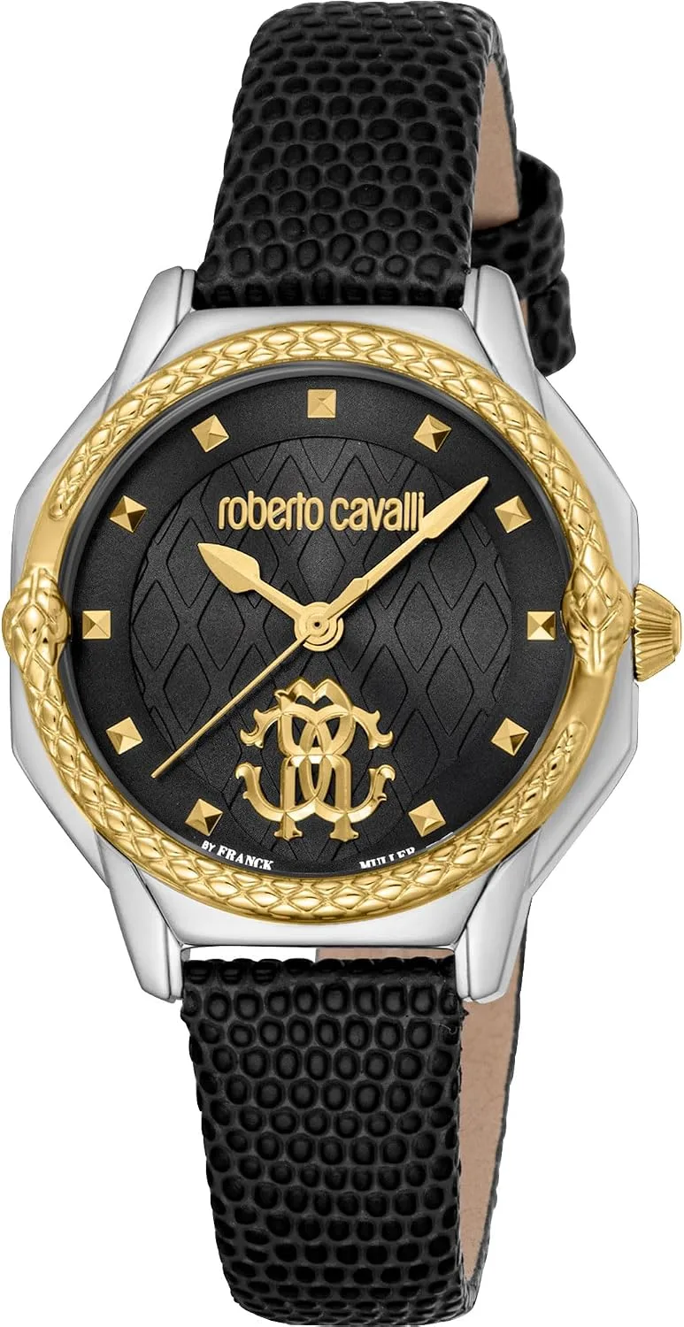 Roberto Cavalli by Franck Muller ▫️ Relógio analógico de quartzo para mulher com bracelete em pele RV1L225L0031, preto, moda
