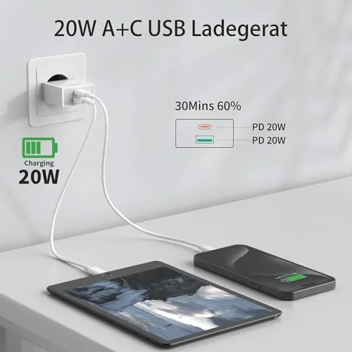 Wufuera ▫️ 2 unidades de carregador USB-C, Tomada de 20 W de substituição para iPhone 16, 15, 14, 13, 12, 11 Pro MAX, SE, XS, XR, 8, 7 Plus, Mini, SE, Galaxy, Pixel; Carregador rápido Tipo C para telemóvel; Adaptador com várias pontas; Corrente 3