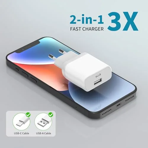 Wufuera ▫️ 2 unidades de carregador USB-C, Tomada de 20 W de substituição para iPhone 16, 15, 14, 13, 12, 11 Pro MAX, SE, XS, XR, 8, 7 Plus, Mini, SE, Galaxy, Pixel; Carregador rápido Tipo C para telemóvel; Adaptador com várias pontas; Corrente 4