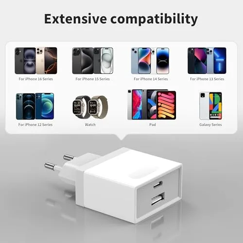Wufuera ▫️ 2 unidades de carregador USB-C, Tomada de 20 W de substituição para iPhone 16, 15, 14, 13, 12, 11 Pro MAX, SE, XS, XR, 8, 7 Plus, Mini, SE, Galaxy, Pixel; Carregador rápido Tipo C para telemóvel; Adaptador com várias pontas; Corrente 6
