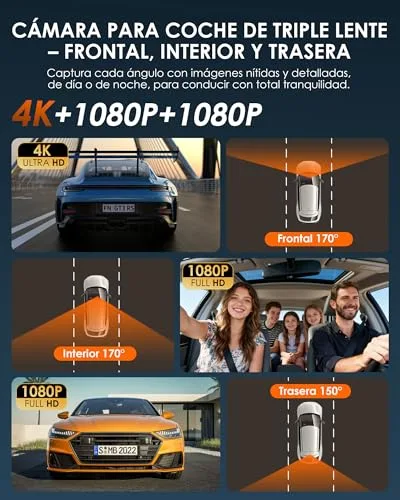 iZEEKER ▫️ Dashcam de 3 canais 4K com cartão de 32 GB GRÁTIS, câmara frontal, traseira e interior para automóvel 4K+1080P+1080P com WDR, visão noturna por infravermelhos, Wi-Fi 6, ângulo de 170°, Sensor G, Modo de Estacionamento 24H 3