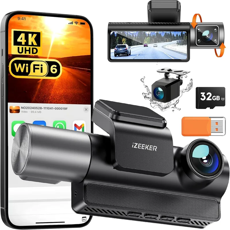 iZEEKER ▫️ Dashcam de 3 canais 4K com cartão de 32 GB GRÁTIS, câmara frontal, traseira e interior para automóvel 4K+1080P+1080P com WDR, visão noturna por infravermelhos, Wi-Fi 6, ângulo de 170°, Sensor G, Modo de Estacionamento 24H