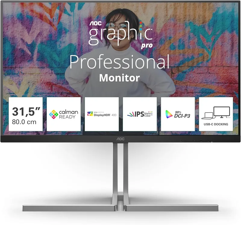 AOC ▫️ Monitor U32U3CV de 32 polegadas, 60 Hz, painel Nano IPS, 4 ms GtG, VESA HDR400 (Certificado), Altifalantes, Altura Ajustável, (3840x2160, 2x HDMI 2.0, 1x DP 1.4, Hub USB) Preto/Prateado